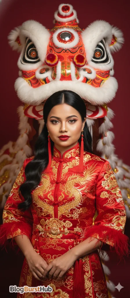 Chinese New Year woman portrait with lion dance head behind her