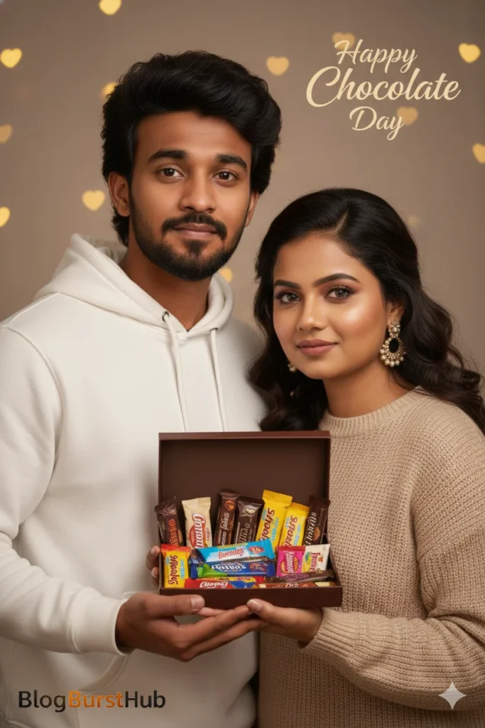 Couple holding box full of assorted chocolates celebrating Chocolate Day AI photo prompt