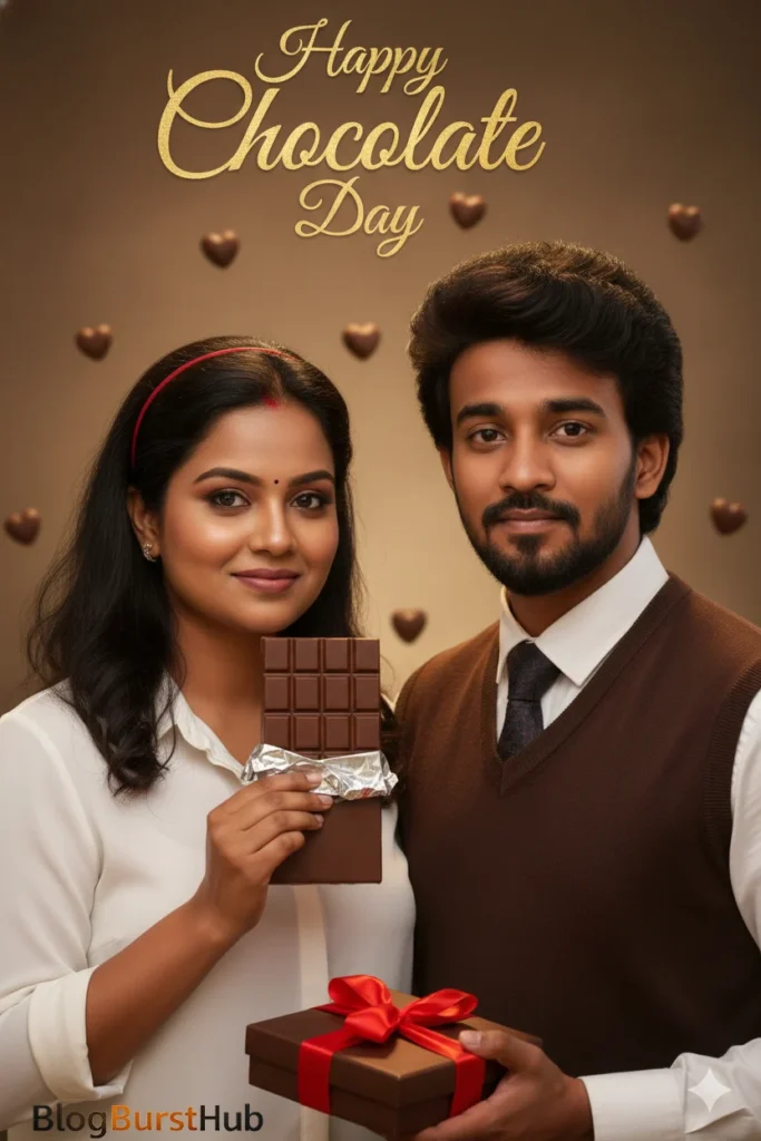 Couple holding chocolate gift box with love balloon on Chocolate Day AI photo prompt