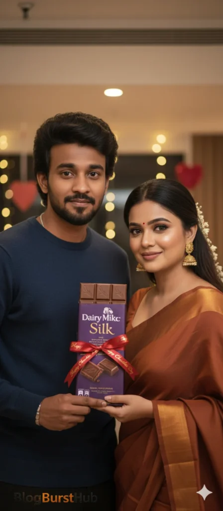 Couple holding Dairy Milk chocolate gift on Chocolate Day AI photo prompt