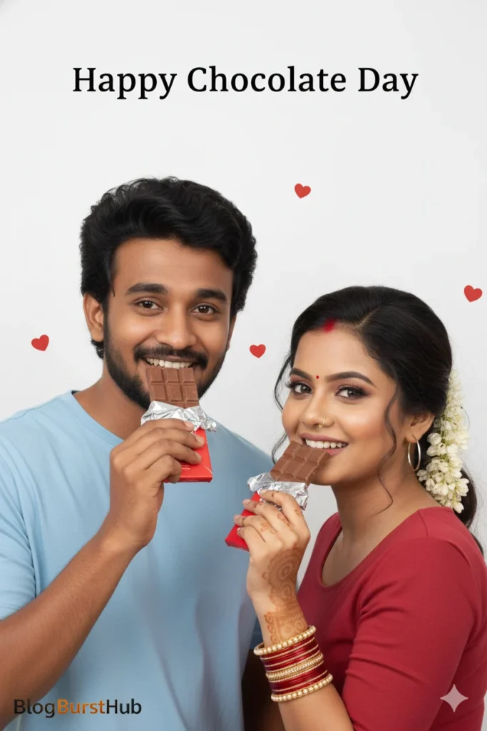 Couple eating chocolate together celebrating Chocolate Day AI photo prompt