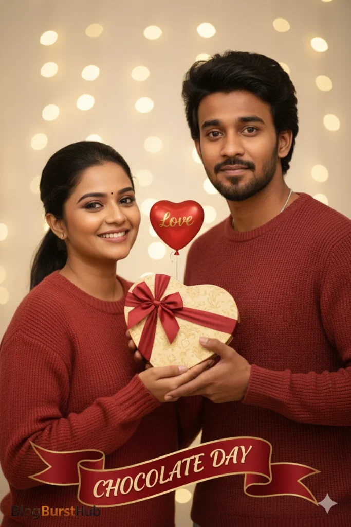 Romantic couple holding heart-shaped chocolate gift celebrating Chocolate Day AI photo prompt