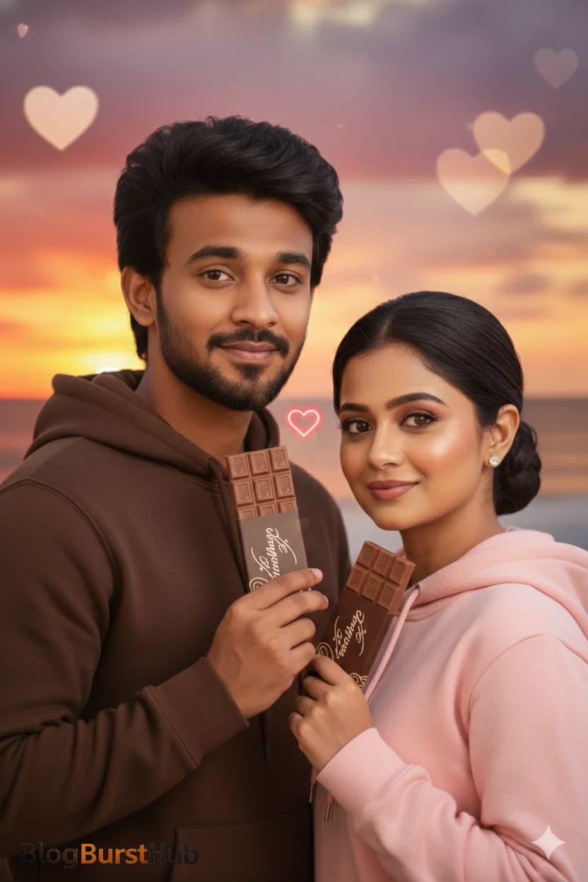 Couple holding chocolate bars during sunset on Chocolate Day AI photo prompt