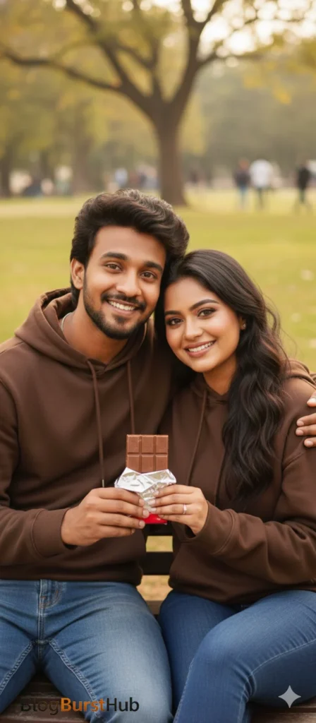 Romantic couple sitting together holding chocolate bar on Chocolate Day AI photo prompt