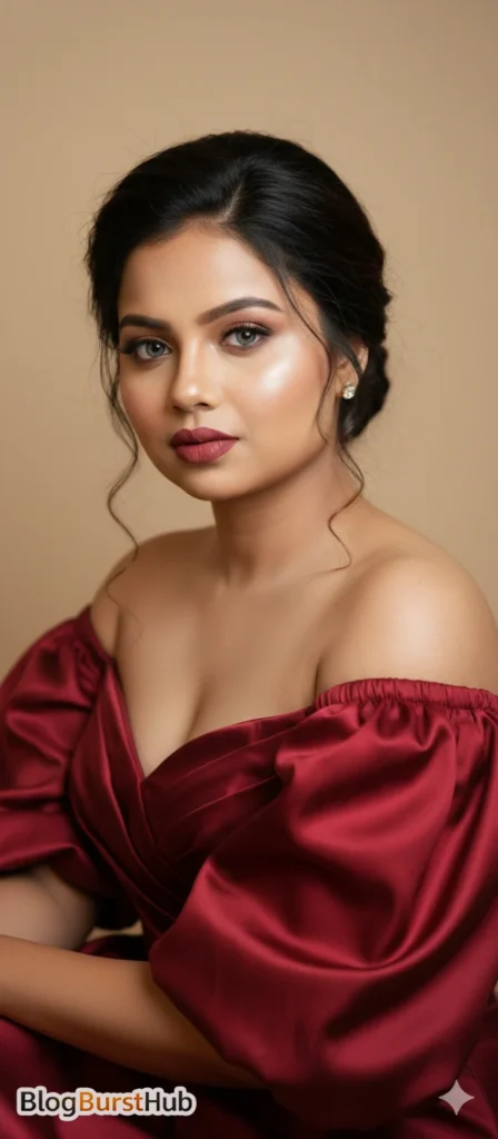 Fashion AI photo prompt example showing realistic model in red satin dress with studio lighting and neutral background