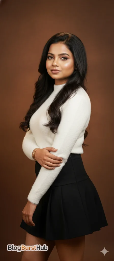 Realistic AI fashion model white sweater studio portrait professional photography