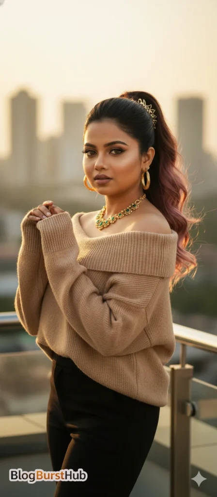 Realistic AI fashion model outdoor rooftop golden hour lighting fashion photography prompt example