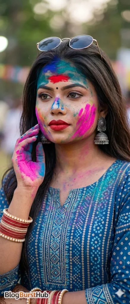 Close-up of woman’s face covered in blue pink and green Holi colors during festival
