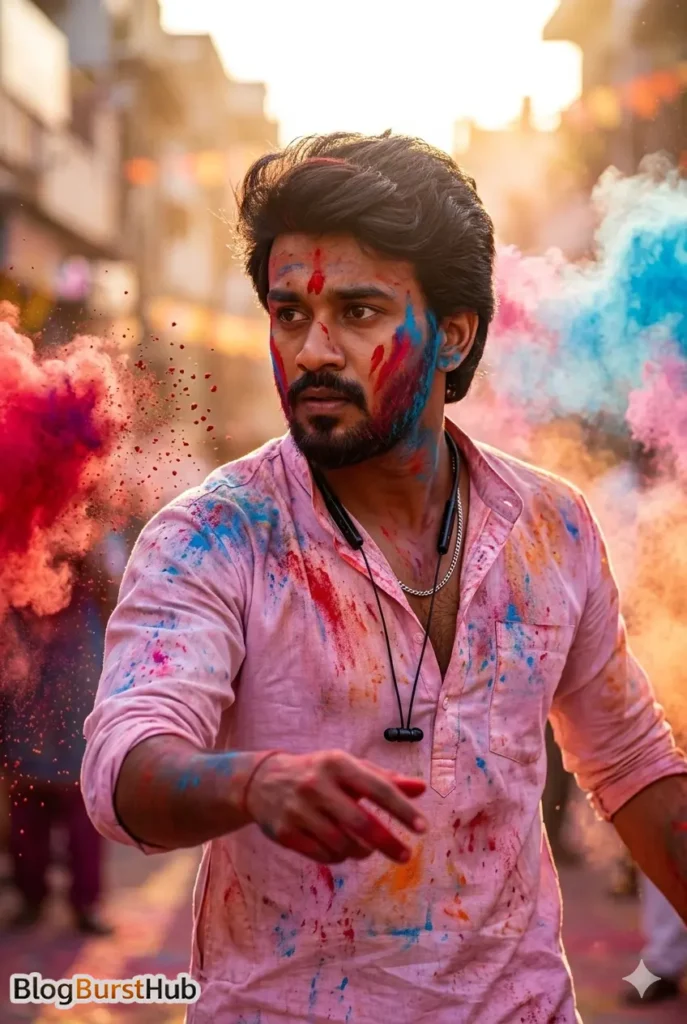 Man in pink shirt covered in Holi colors with colorful smoke on street during festival