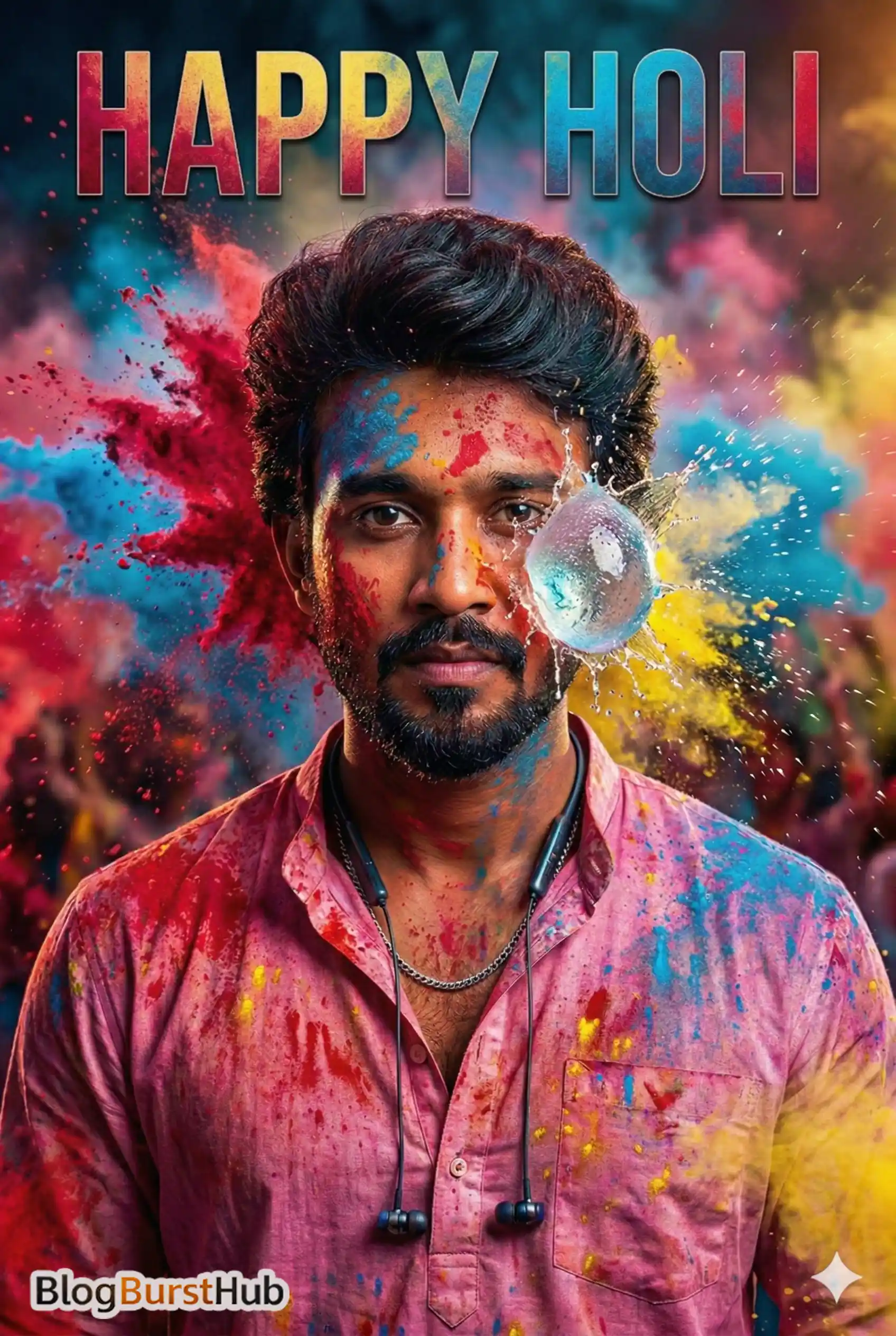 Close-up of man covered in Holi colors with water balloon bursting during festival celebration