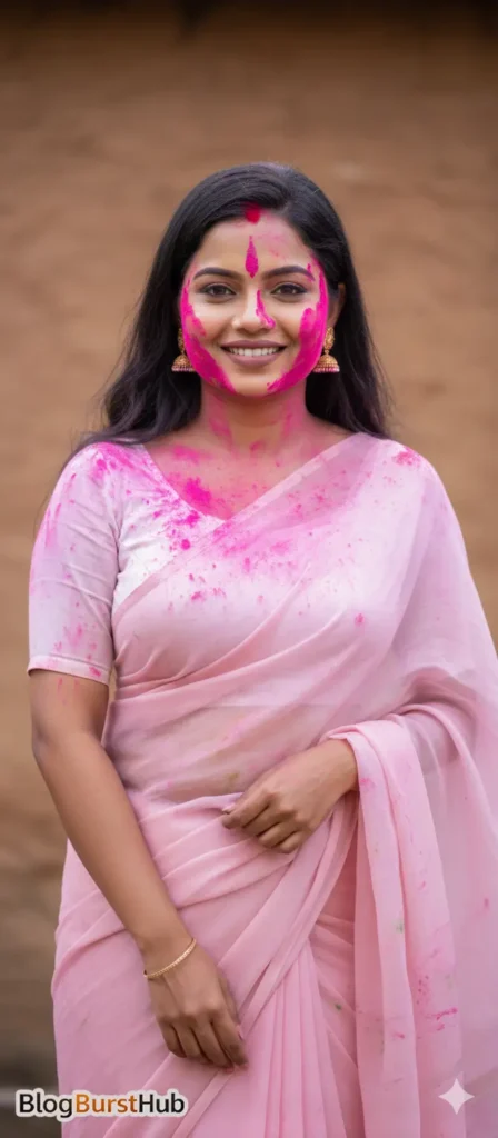 Woman in white saree with bright pink Holi colors on her face smiling during festival celebration