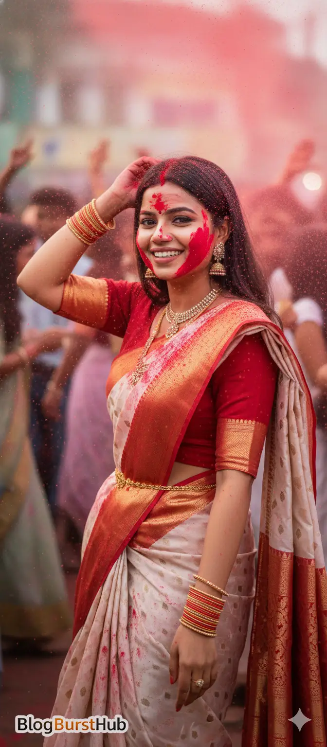 Woman in red and gold saree celebrating Holi with red gulal powder on her face in festive crowd