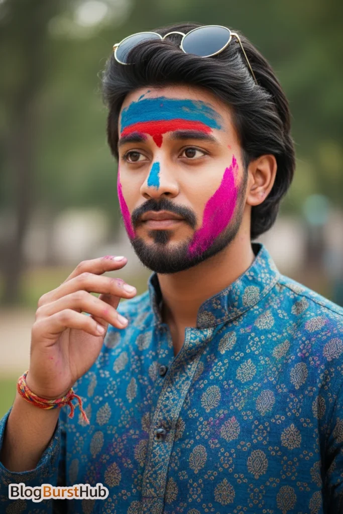 Indian man wearing blue kurta with Holi colors on face realistic AI generated image
