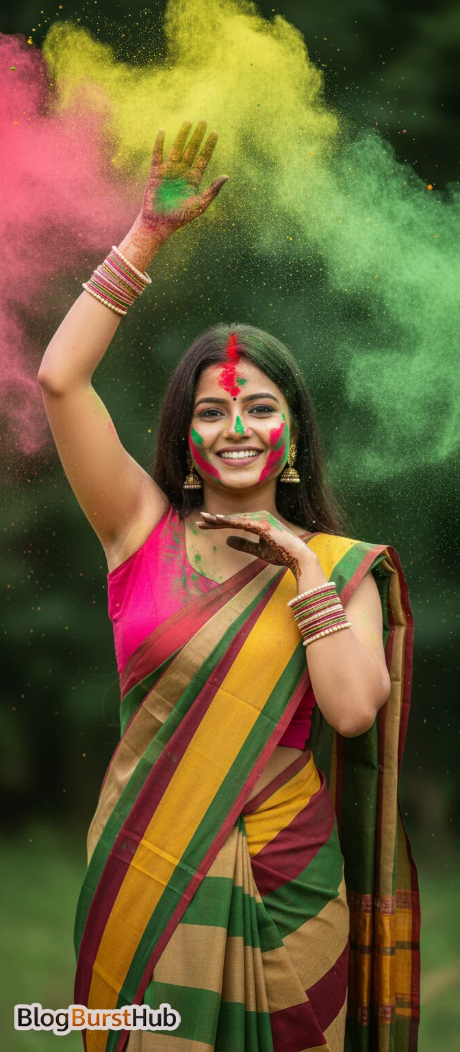 Indian woman in saree throwing colorful Holi powder AI generated realistic festival image
