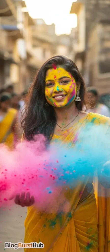 Indian woman face covered with colorful Holi powder AI generated realistic festival image