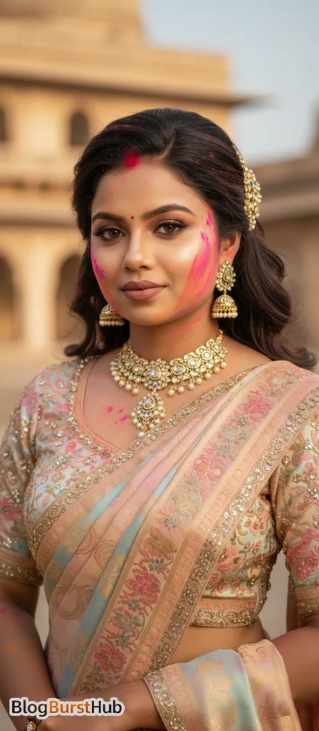 Indian woman wearing lehenga with Holi colors on face AI generated realistic festival image