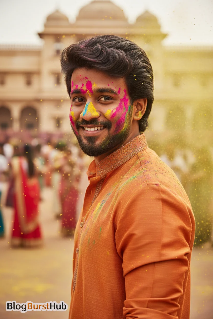 Indian man celebrating Holi wearing traditional kurta with colorful powder AI generated festival image