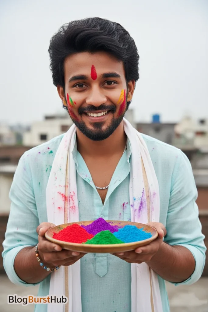Indian man holding plate of colorful Holi powder created using Holi AI photo prompts realistic festival image