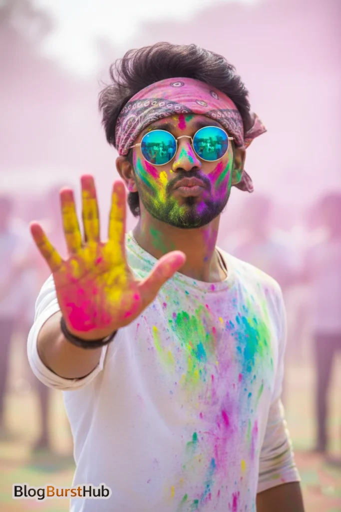Man wearing white shirt with colorful Holi powder on face created using AI image prompt realistic festival portrait