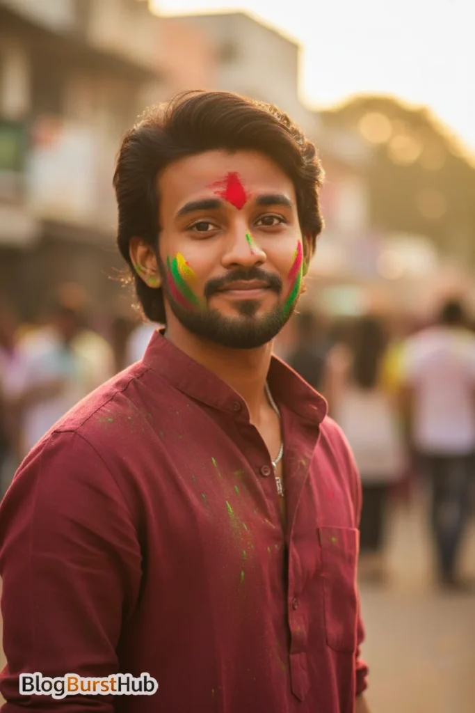 Indian man wearing red kurta with Holi colors on face AI generated festival portrait realistic image