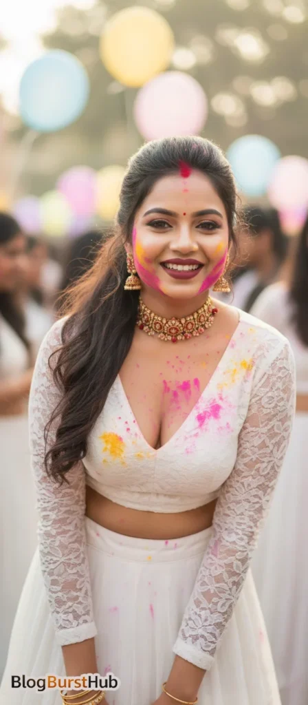 Indian woman wearing white outfit celebrating Holi with colorful powder AI generated image