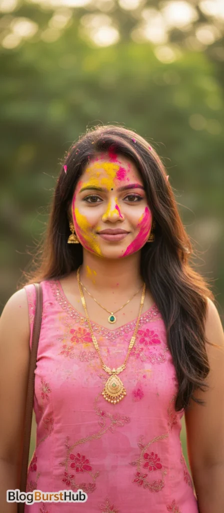 Indian woman celebrating Holi with colorful powder on face AI generated realistic portrait