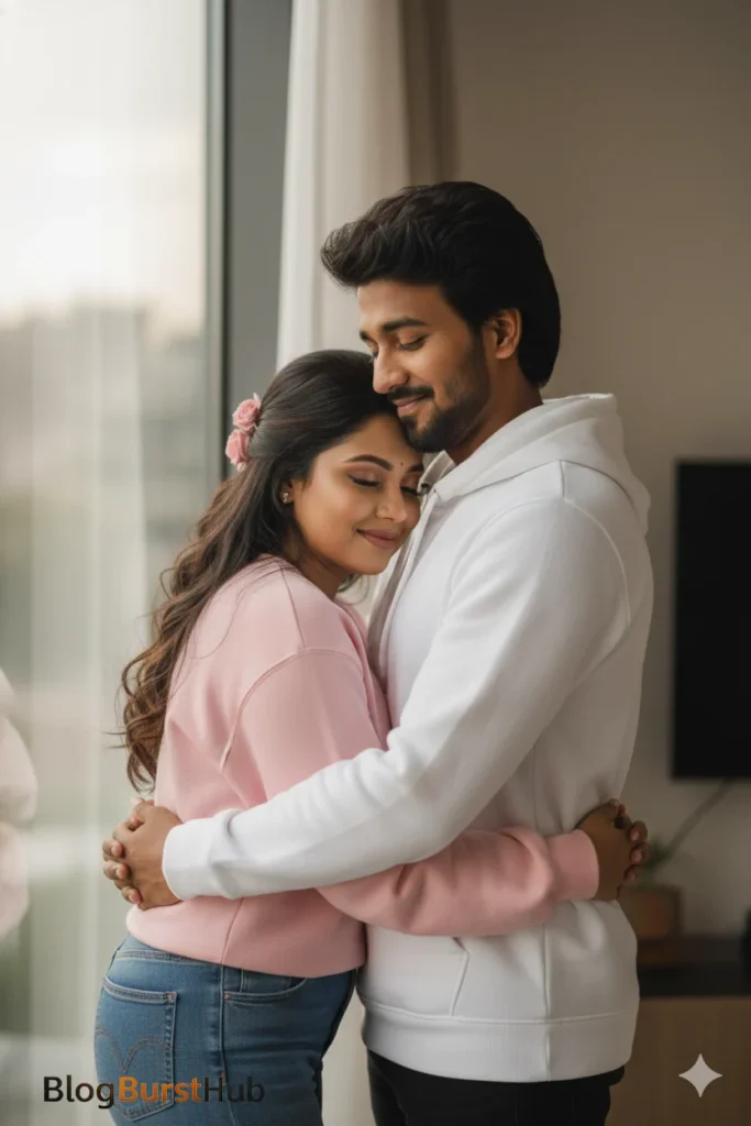 attractive couple hugging romantically for Hug Day