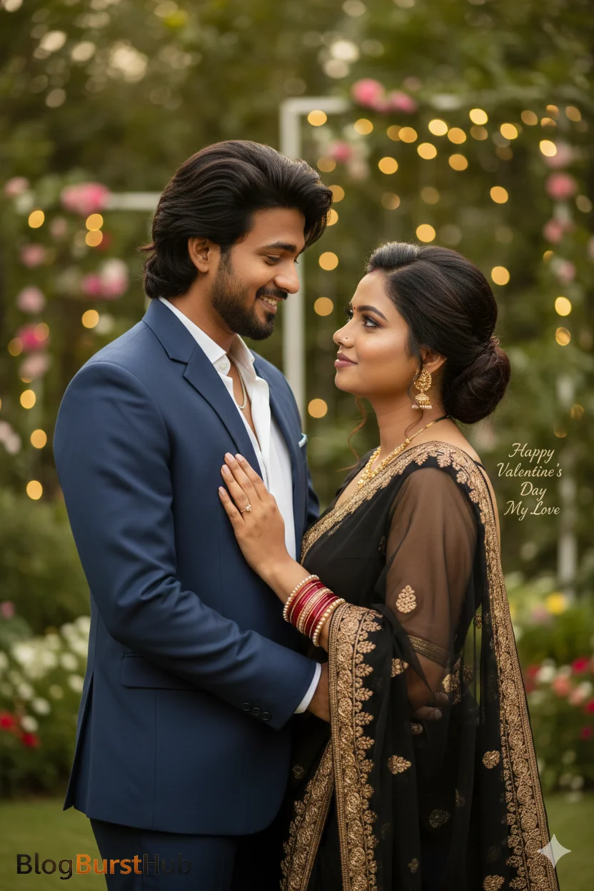 romantic couple hugging at a Valentine party with lights and flowers