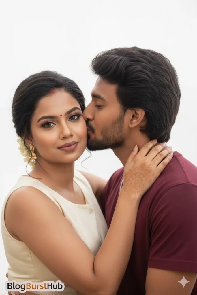 Kiss Day AI generated couple portrait with romantic cheek kiss and elegant styling