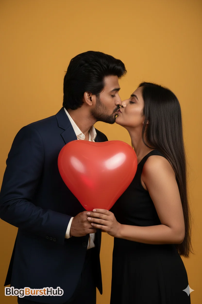 Kiss Day AI generated couple kissing while holding a red heart symbol