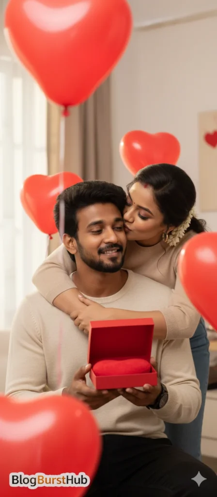 Romantic Kiss Day AI couple celebrating love with red heart balloons and gift box