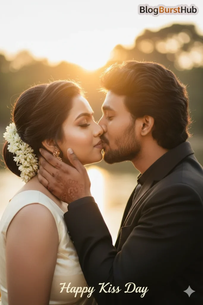Kiss Day AI generated couple sharing a romantic embrace in traditional style