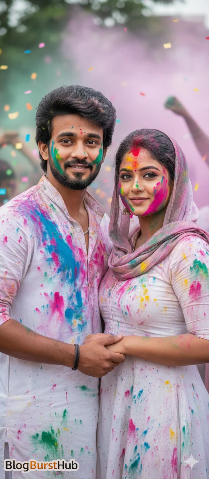 Happy couple covered in colorful Holi powder posing together during celebration