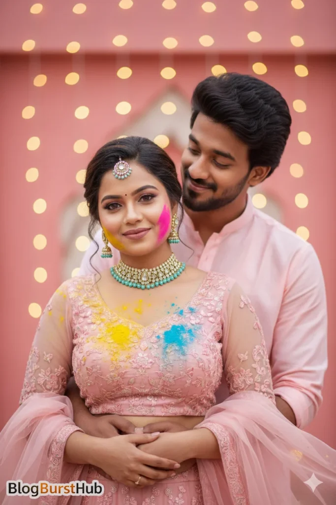 Couple posing romantically during Holi with colorful powder and decorative lights background