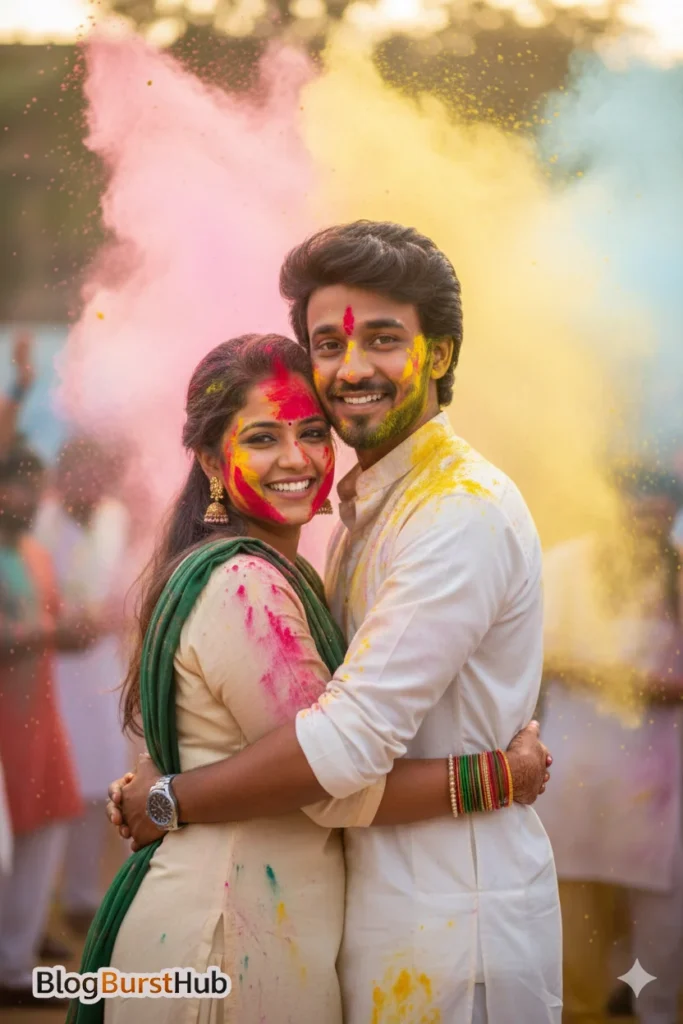 Couple hugging with colorful powder explosion behind them during Holi festival