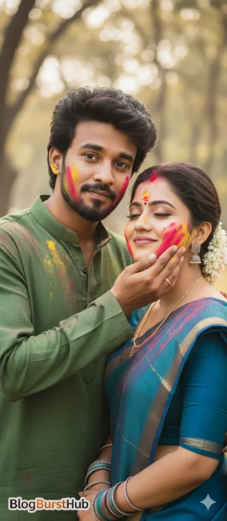 Couple in green and blue traditional outfits posing with colorful Holi powder on their faces