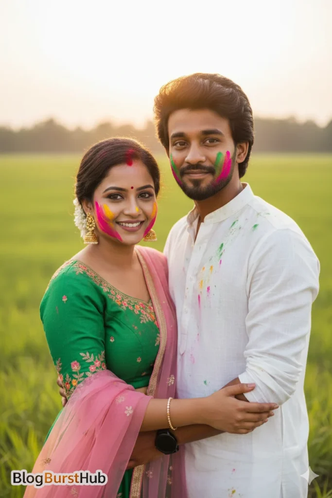 Couple standing in green field during sunset with Holi colors on their faces