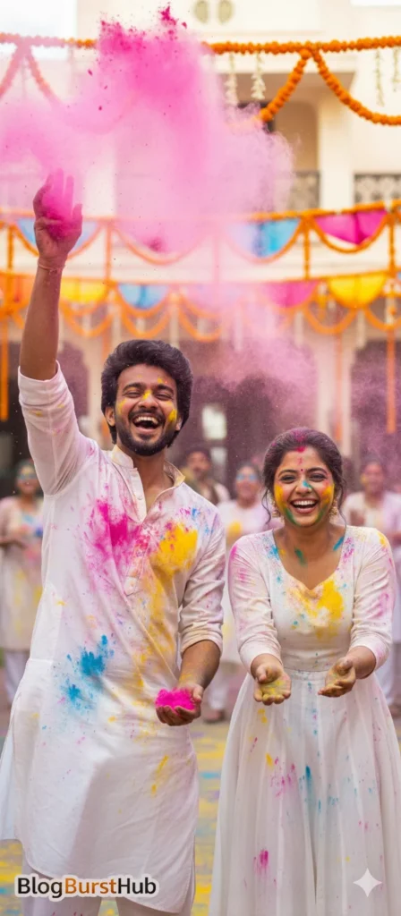 Couple laughing and tossing pink Holi powder in festive celebration setting
