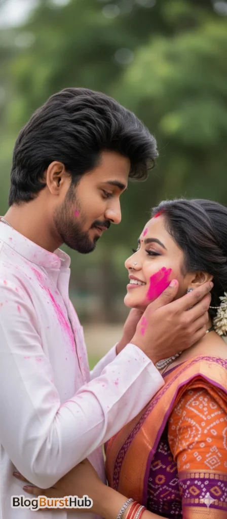 Romantic couple celebrating Holi as man gently applies pink gulal on woman’s cheek in traditional attire