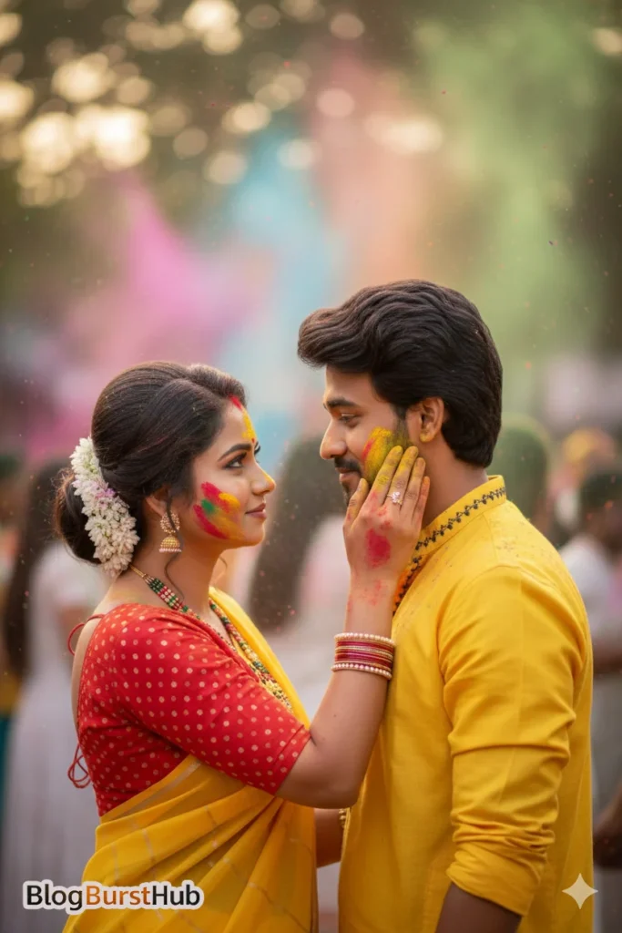 Woman in yellow saree applying colorful gulal on her partner’s face during Holi