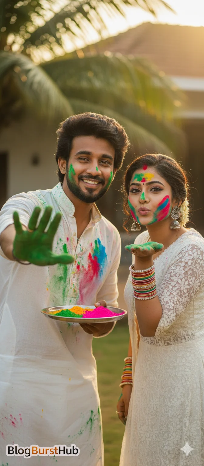 Couple holding Holi colors plate and posing playfully during festival celebration