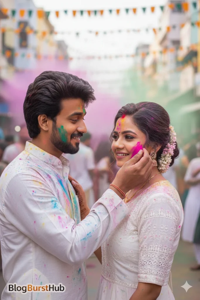 Romantic couple wearing white traditional outfits with colorful Holi powder on faces