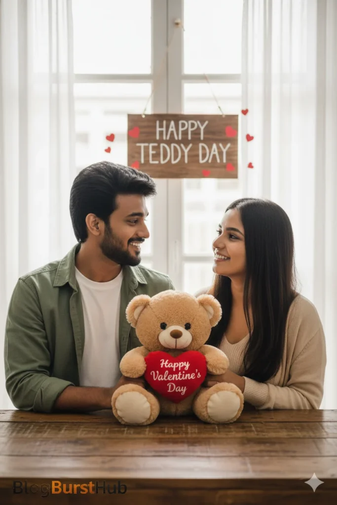 Couple at café holding teddy bear on Teddy Day, Valentine’s Week photo