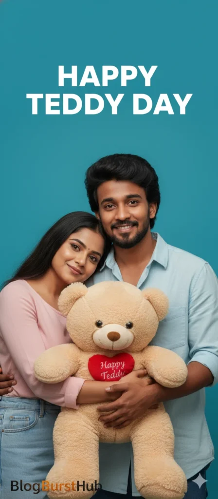 Happy couple holding teddy bear on Teddy Day celebration, Valentine’s Week photo