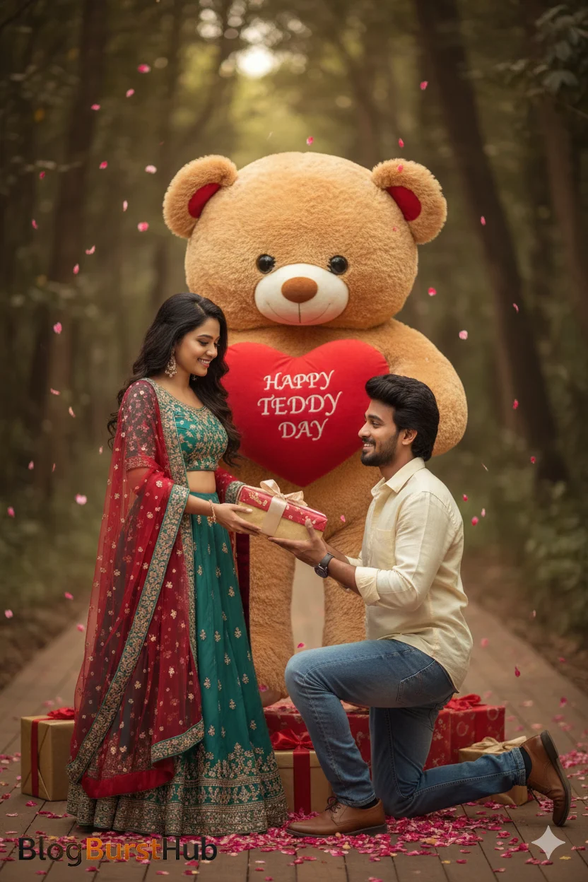 Couple celebrating Teddy Day in forest with giant teddy bear and gift