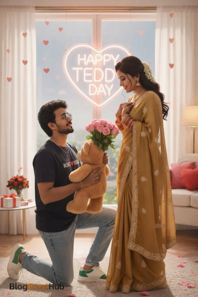 Man proposing on Teddy Day with teddy bear and roses indoors, romantic Valentine photo