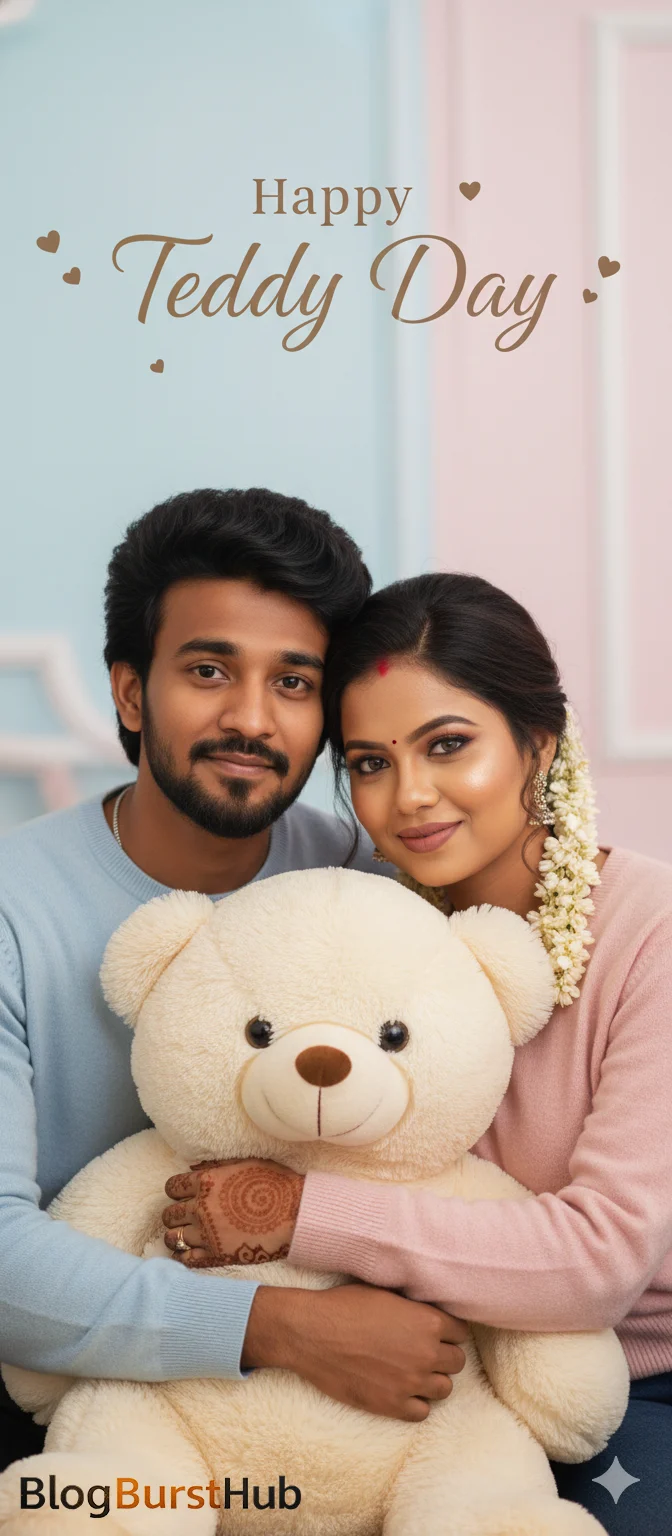 Romantic couple hugging teddy bear on Teddy Day, Valentine’s photo