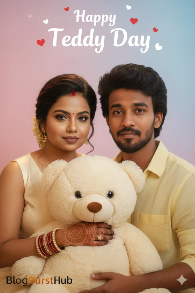 Couple posing with teddy bear on Teddy Day, classic Valentine photo
