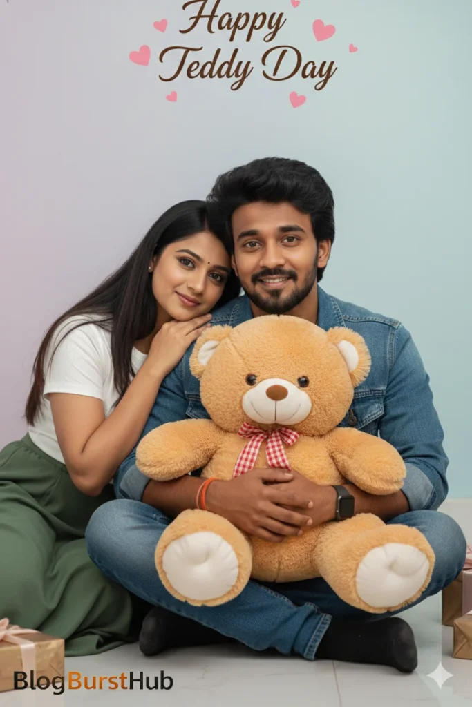 Romantic couple sitting with teddy bear on Teddy Day celebration