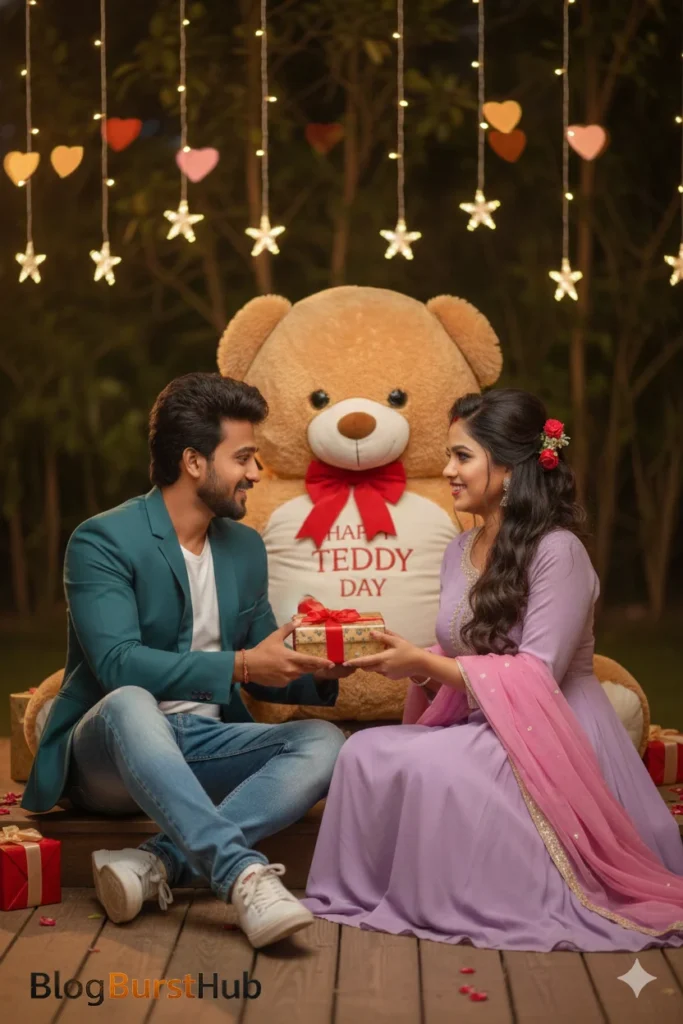 Couple sitting together holding big teddy bear on Teddy Day celebration